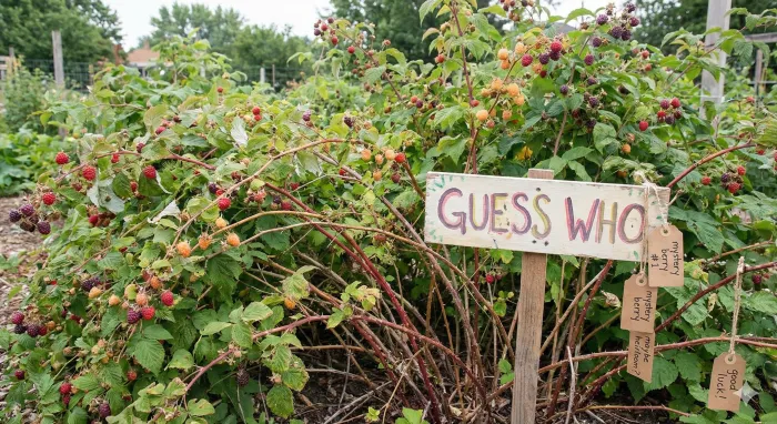 Dense raspberry canes growing without labels or identification