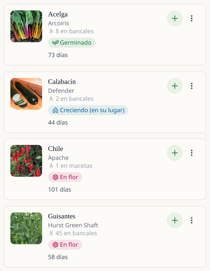 Pantalla de la app Leaftide: una lista de hortalizas, entre ellas acelgas, guindilla, calabacín y guisantes, cada una con su foto y su fase actual, como germinada o en flor.