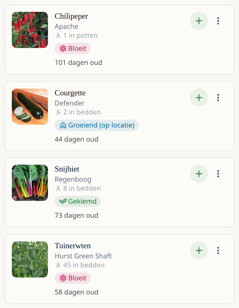 Leaftide-appscherm: een lijst met groenten, waaronder snijbiet, chilipeper, courgette en doperwten, elk met een foto en de huidige fase, zoals gekiemd of in bloei.