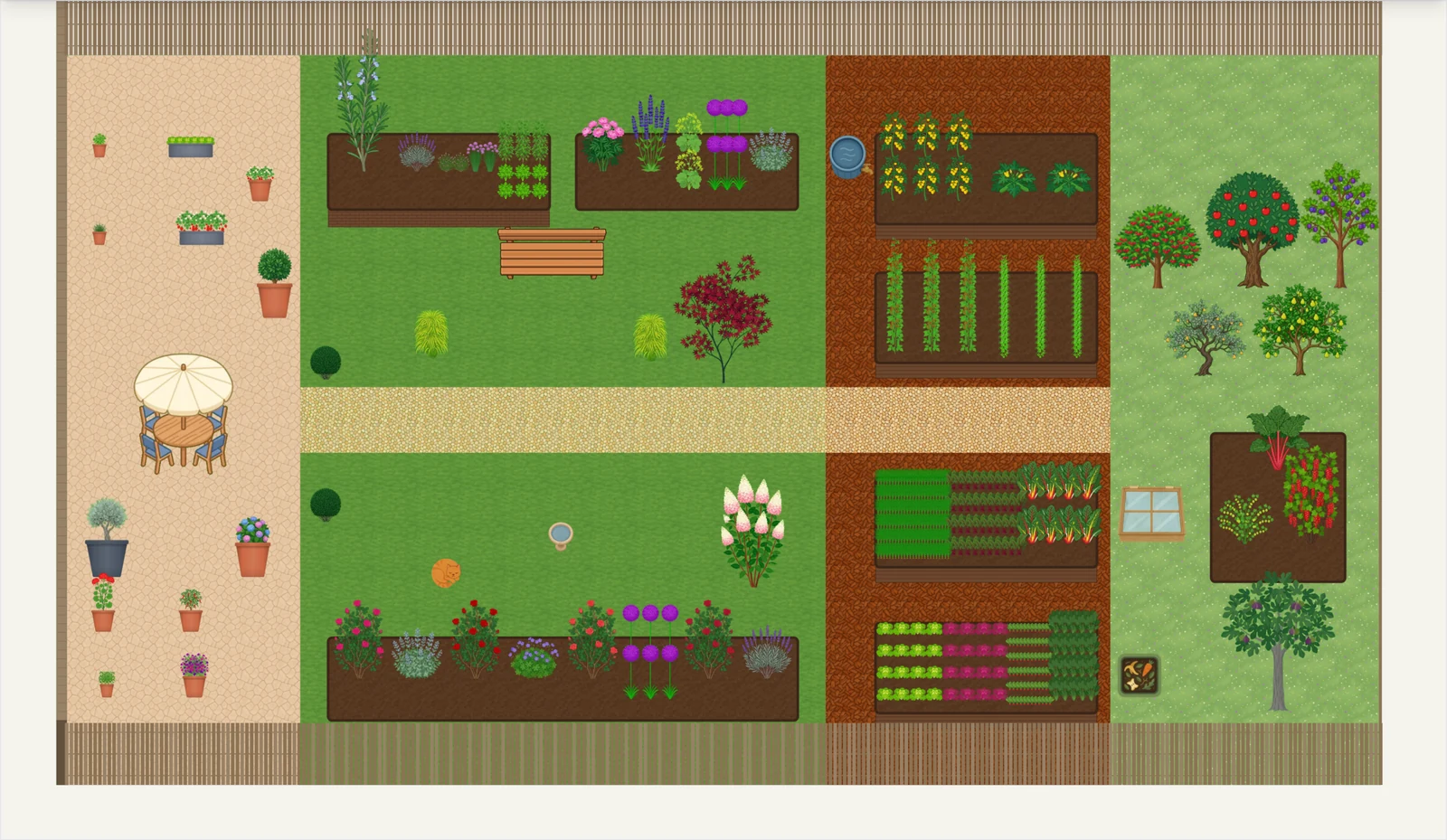 Diseñador de parcela de Leaftide con el plano de un jardín completo: un patio con macetas, arriates de aromáticas y flores, bancales de hortalizas, un rincón de frutales y un césped.