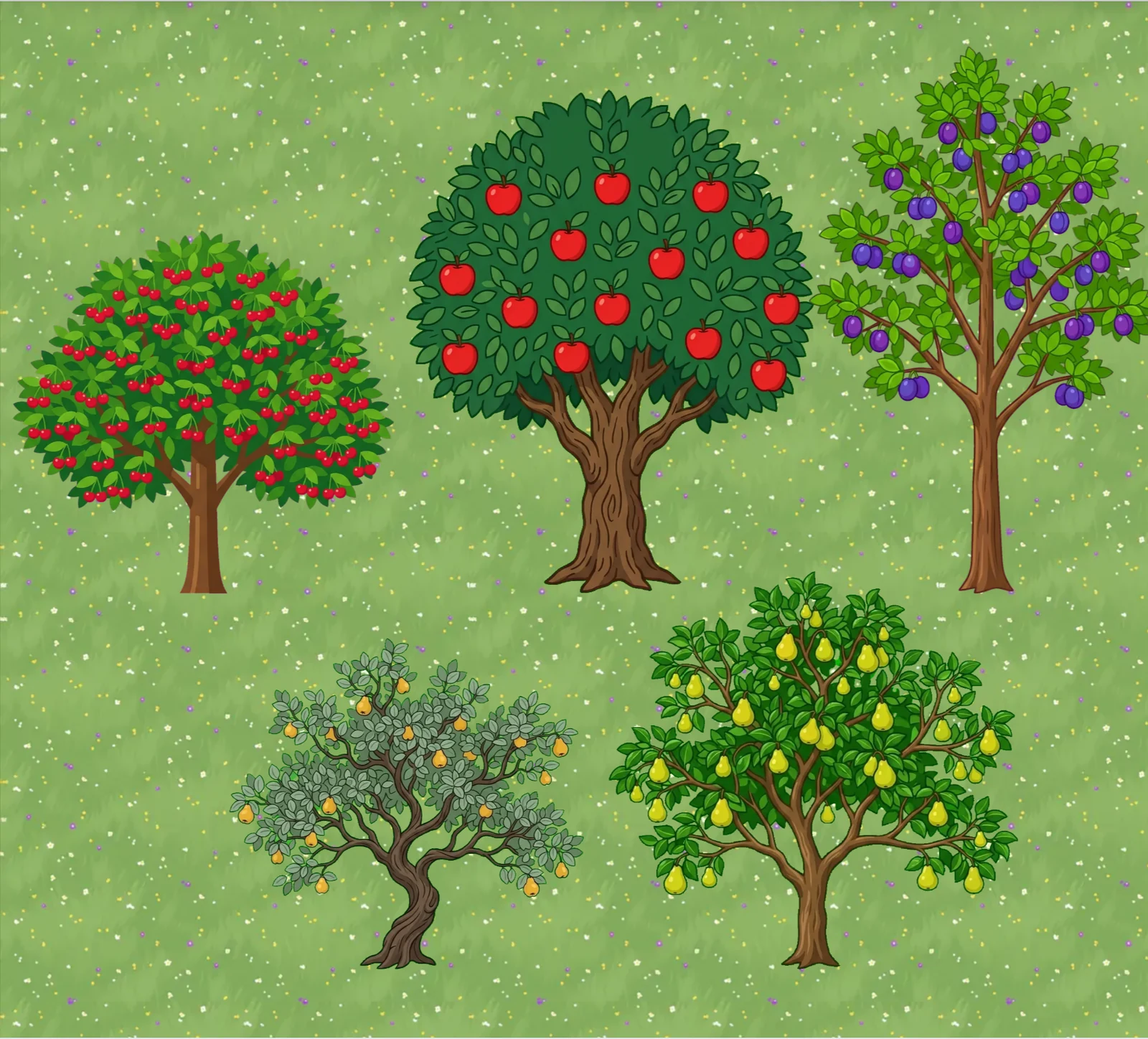 Planificateur de parcelle Leaftide montrant un petit verger sur une prairie : un cerisier, un pommier, un prunier, un cognassier et un poirier, tous chargés de fruits.