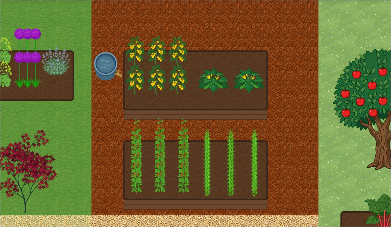 Leaftide-Beetplaner mit Hochbeeten voller Tomaten, Zucchini, Bohnen und Erbsen, daneben eine Regentonne und ein Apfelbaum am Weg.
