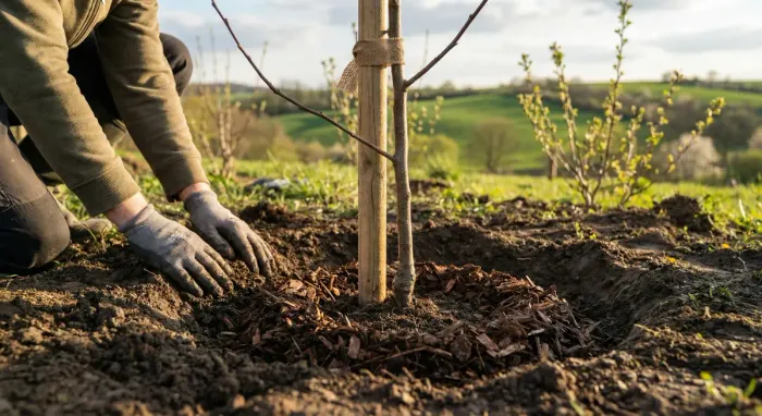 A newly planted fruit tree, small and staked, in a prepared planting hole with mulch ring