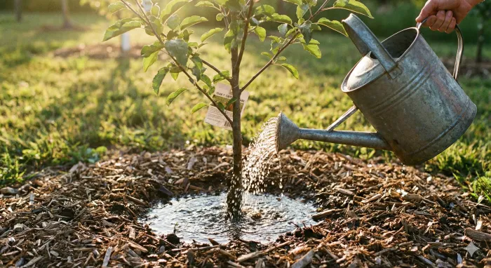 A watering can slowly watering the base of a young fruit tree, water soaking into mulch