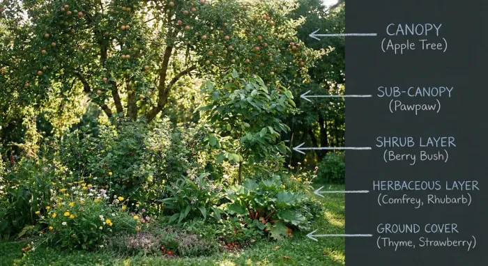 Food forest layers diagram showing canopy trees, understory trees, shrubs, herbaceous plants, ground cover, vines, and root vegetables in their relative positions