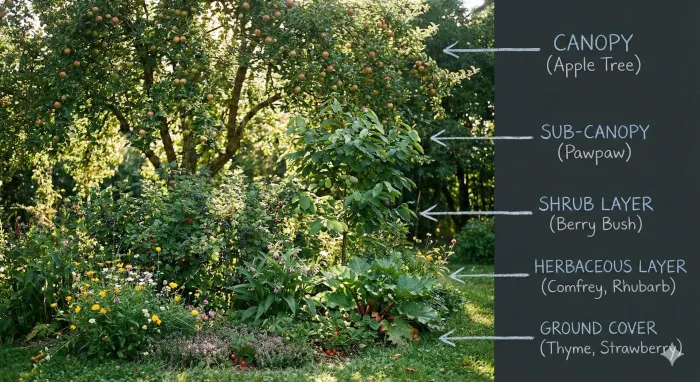Food forest layers diagram showing canopy trees, understory trees, shrubs, herbaceous plants, ground cover, vines, and root vegetables in their relative positions