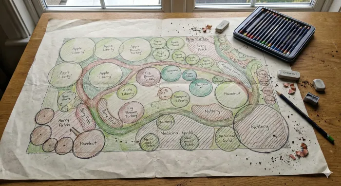 Hand-drawn food forest plan on paper showing circles for trees with variety names, paths, and planting zones