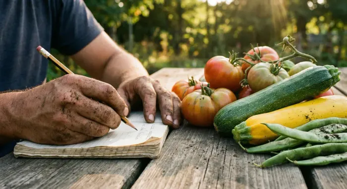 Hands writing in a garden notebook next to freshly harvested vegetables