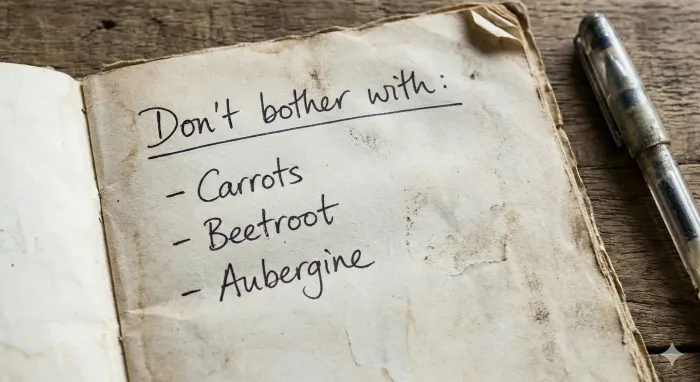 A notebook page with a short list titled 'Do not bother with:' and a few plant names listed