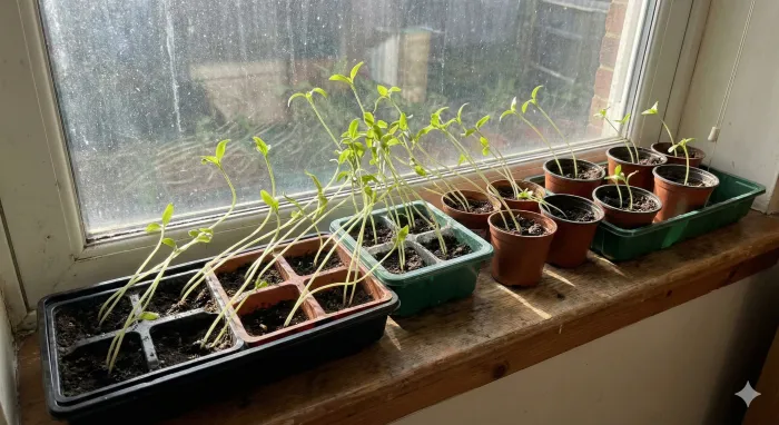 Leggy, stretched seedlings on a windowsill, reaching desperately for light