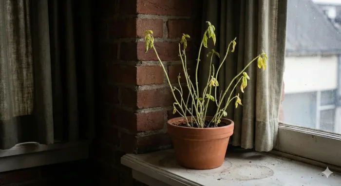 A sun-loving plant struggling in shade, pale and sparse