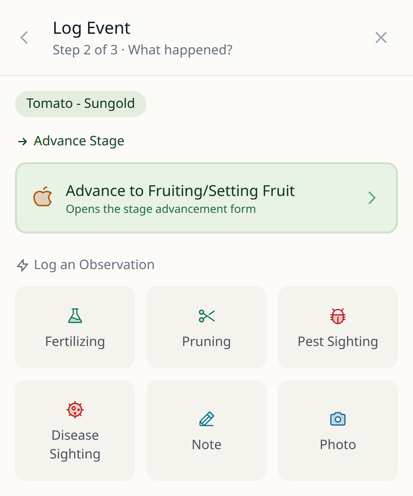 Leaftide Log Event, step 2 of 3, for a Sungold tomato: advance it to fruiting, or log fertilizing, pruning, a pest or disease sighting, a note or a photo.