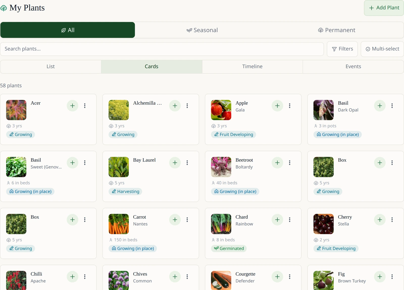 Página Mis plantas de Leaftide: una cuadrícula de fichas con la foto, la variedad y la fase actual de cada planta, desde un arce y un manzano hasta albahaca, zanahorias y acelgas.