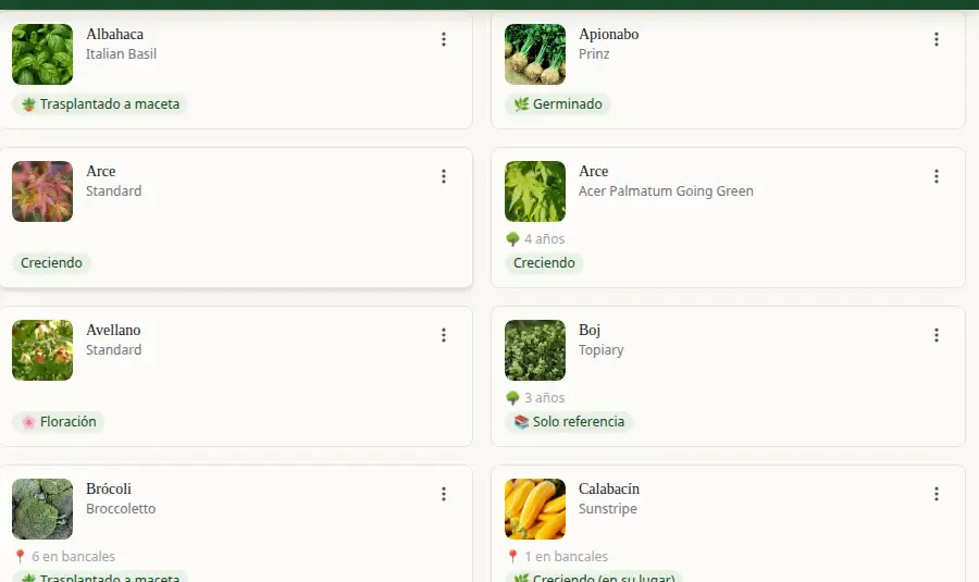 Plants in your garden with predicted stages and progress