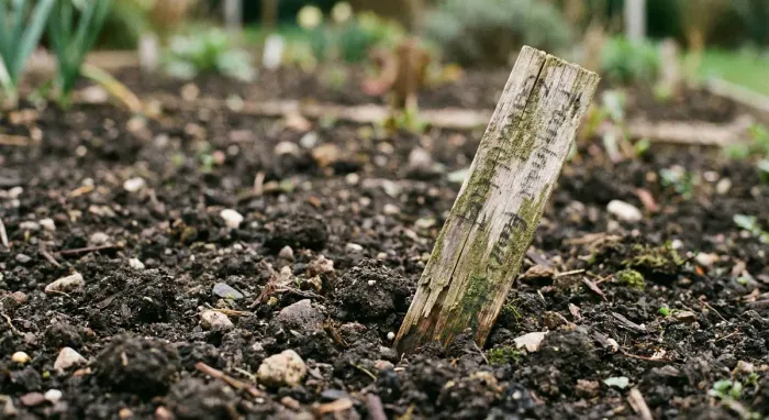 Bare soil in a garden bed with a small plant label that's unreadable due to fading and weathering