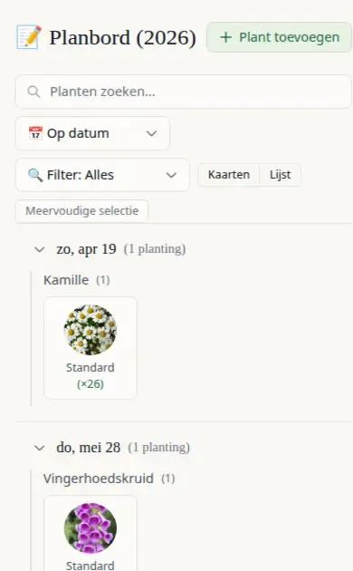 Planning Board showing plants grouped by predicted start date