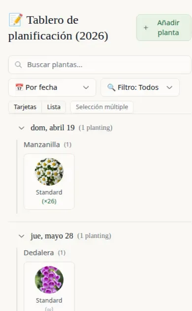 Planning Board showing plants grouped by predicted start date