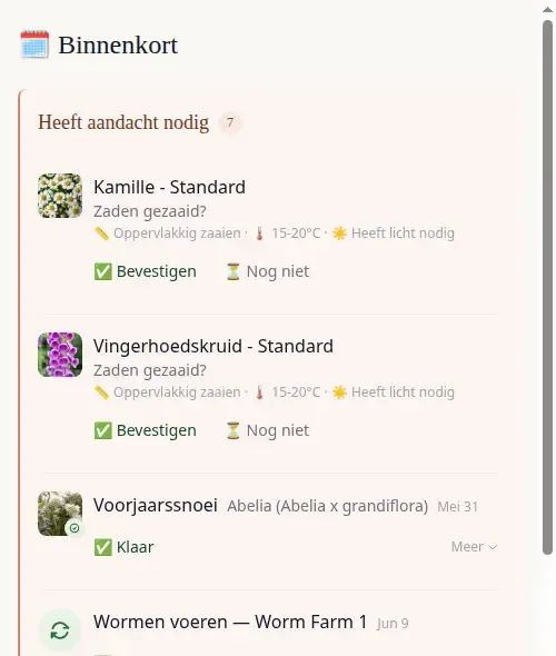 Coming Up dashboard showing prediction cards and care tasks together