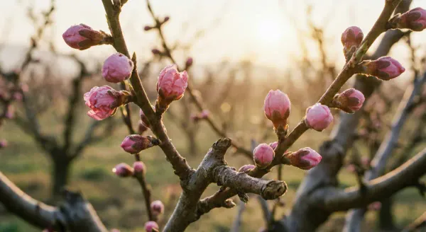 Peach tree branch showing swelling pink buds in early spring