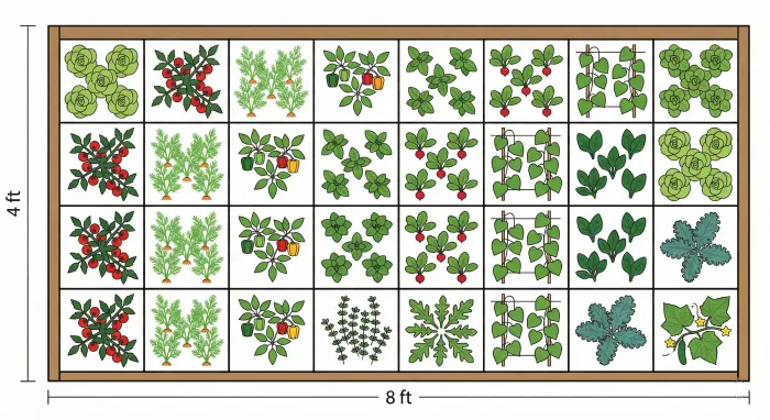 Vue aérienne d'un carré surélevé de 120 par 240 cm divisé en grille de potager en carrés avec différents légumes dans chaque case