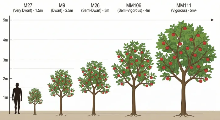 Apple trees on five different rootstocks shown to scale: M27 at 1.5m, M9 at 2.5m, M26 at 3m, MM106 at 4m, and MM111 at 5m+, with a human figure for reference
