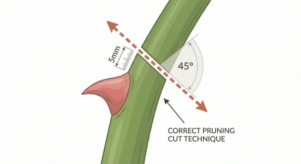 Proper rose pruning technique showing 45-degree angle cut above outward-facing bud