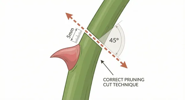 Proper rose pruning technique showing 45-degree angle cut above outward-facing bud