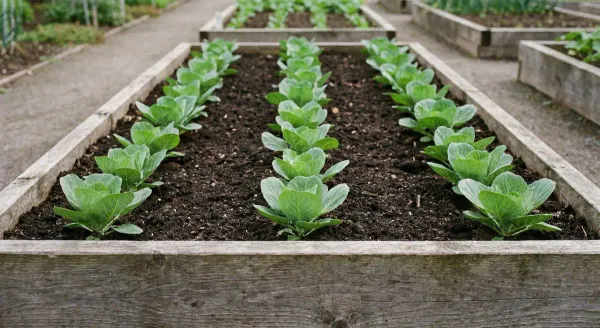 A row of well-spaced young cabbage plants in a raised bed with dark soil visible between them