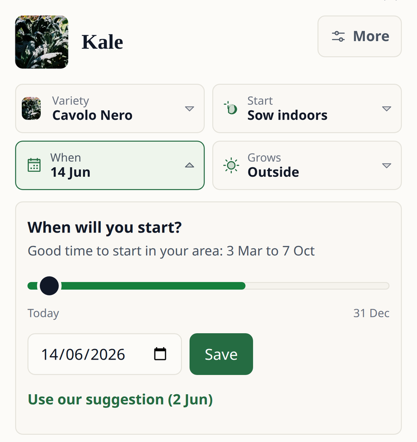 Leaftide planifie un chou kale Cavolo Nero à semer en intérieur : bonne période pour démarrer dans votre région du 3 mars au 7 octobre, avec le 2 juin comme suggestion.